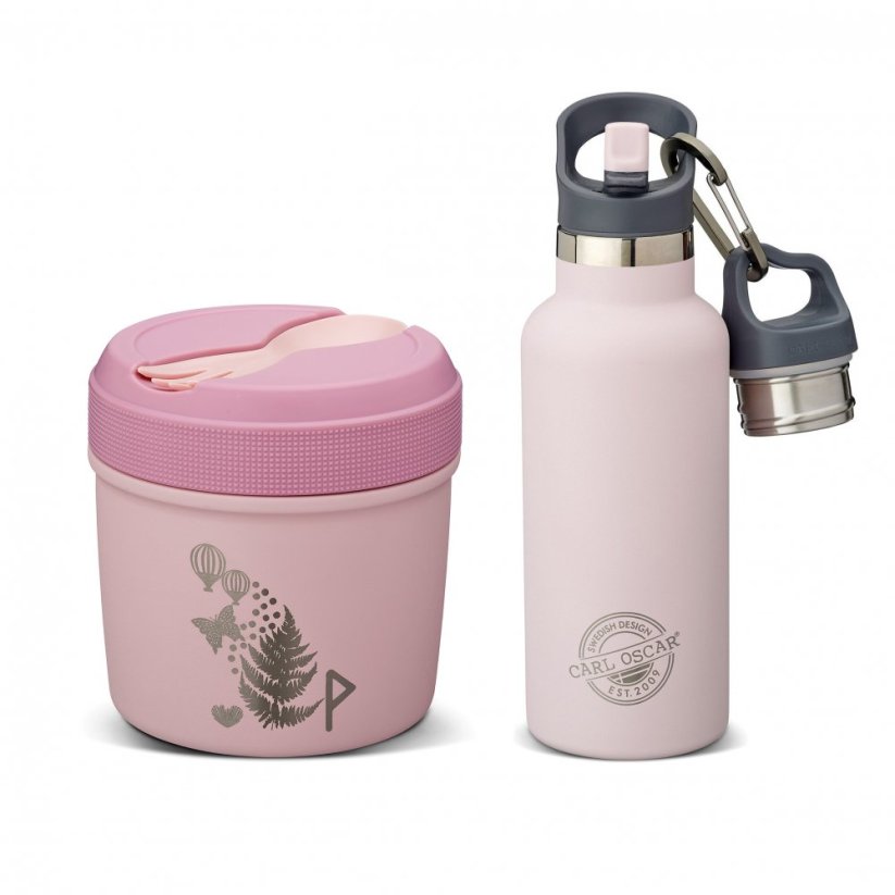 set CARL OSCAR TERMOfľaša antikor eco 500 ml s antikor slamkou a vákuový obedár PINK