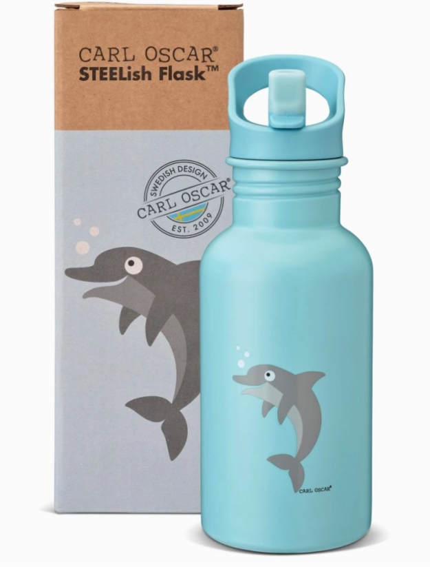 CARL OSCAR 500 ml detská antikor fľaša STEELish DELFÍN bledomodrá s antikor slamkou